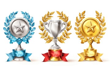 Three trophies with ribbons and stars, suitable for sports or academic achievements