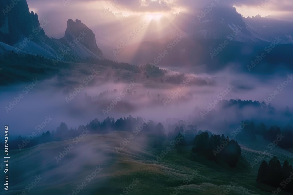 Poster sun shining through clouds over mountain range. suitable for nature and landscape themes