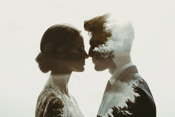 Newlyweds in love on white background, double exposure with trees