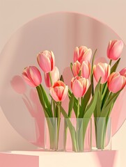 Pink tulips in glass vases on podium with pink background.