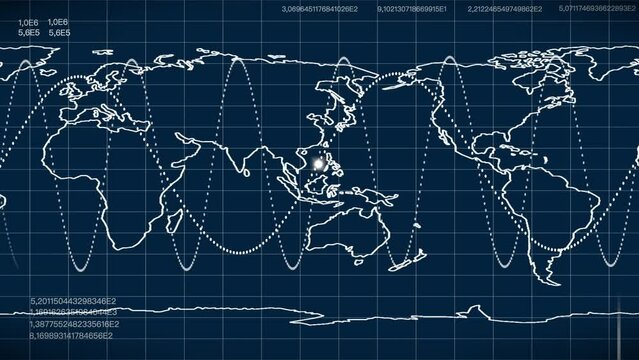 Digital, gridded world map with satellite trajectories and numerical data, global navigation and tracking.