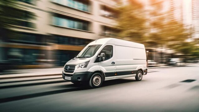 A white minibus moving and delivery on city streets. 