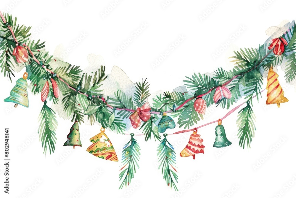 Wall mural Festive watercolor Christmas garland with bells and ornaments, perfect for holiday designs