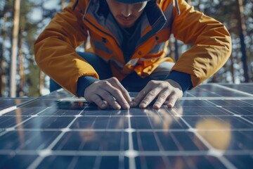 A man in an orange jacket looking at a solar panel. Suitable for environmental and technology concepts