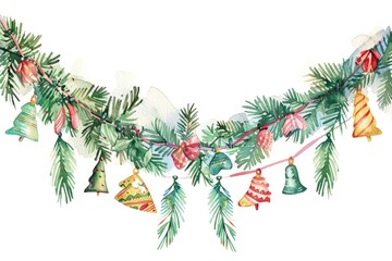Festive watercolor Christmas garland with bells and ornaments, perfect for holiday designs
