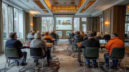 People attending a business training session in a modern conference room with a video call presentation