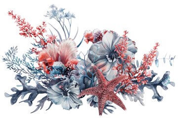 Beautiful watercolor painting of a bouquet of flowers and a starfish. Perfect for adding a touch of nature to your designs