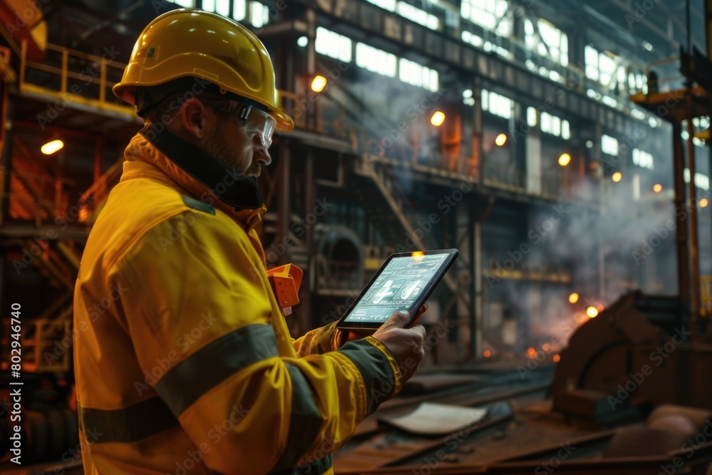 Aufkleber a man in a hard hat using a tablet computer. suitable for construction industry concepts