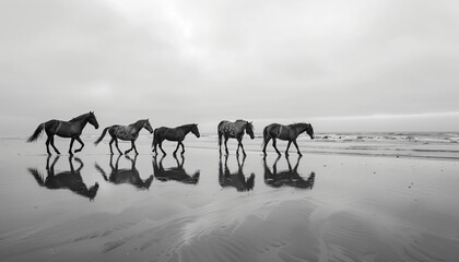 multiple horses at the beach