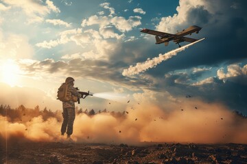 A man holding a gun with a plane flying in the sky. Suitable for action or aviation themes