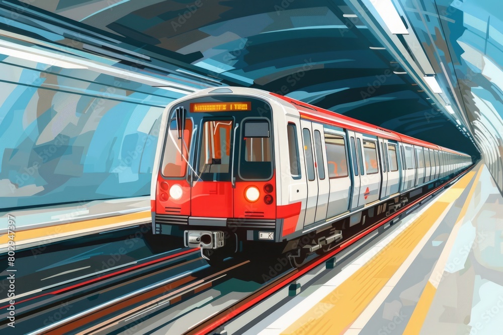 Poster a red and white train traveling through a tunnel. ideal for transportation concepts