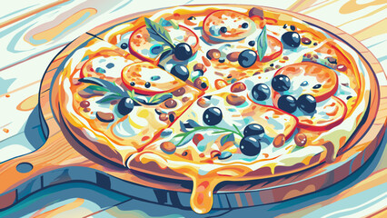 Vibrant Hand-Painted Style Illustration of Cheesy Pepperoni Pizza