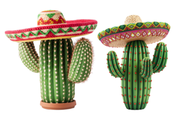 Mexican cactus with sombrero hat isolated on a transparent background