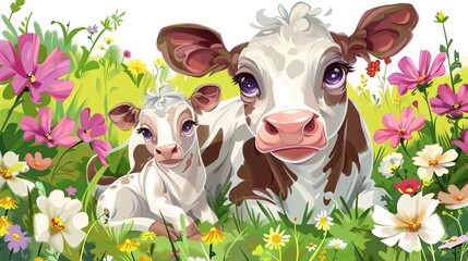 cow with flowers on a white background