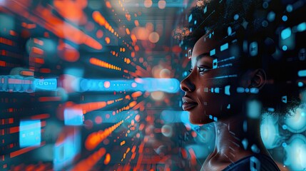 black African American female IT professional, data analysis, information technology,AI illustration, side view copy space.