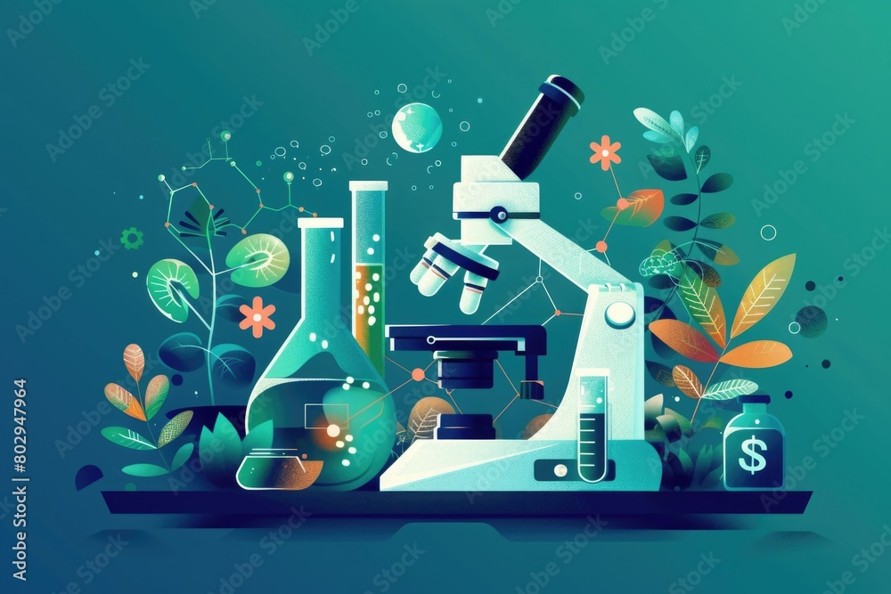 Poster A microscope and various laboratory tools on a table. Suitable for scientific research projects
