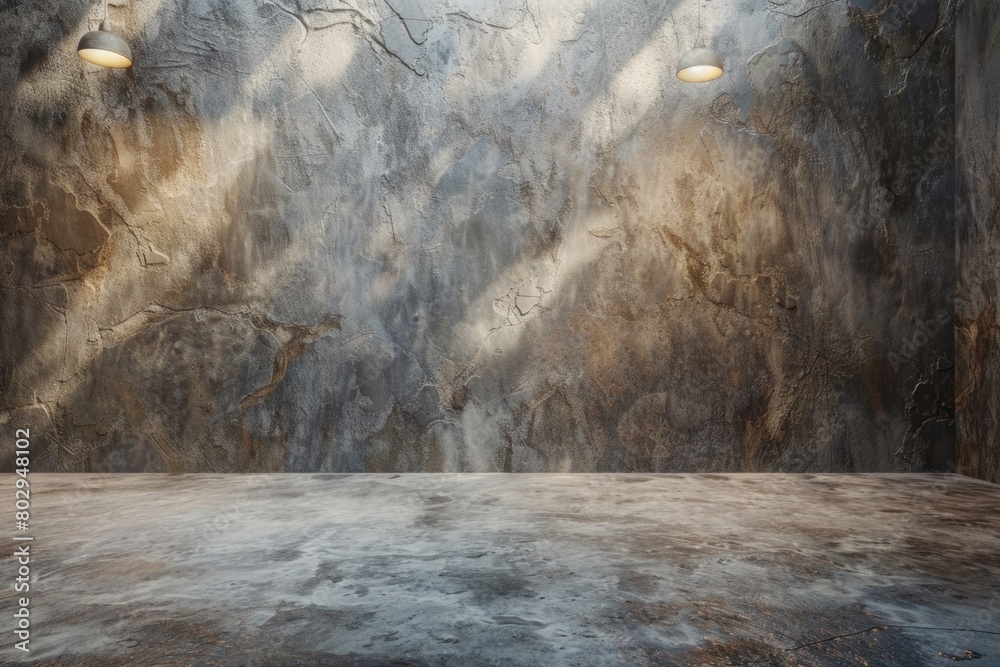Poster an empty room with a stone wall and three lights. suitable for interior design concepts