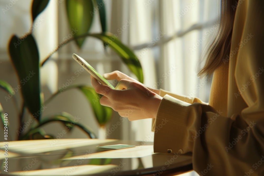 Poster a woman sitting at a table using a cell phone. suitable for technology and communication concepts