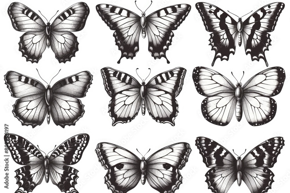 Poster Black and white butterflies on a white background. Suitable for various design projects