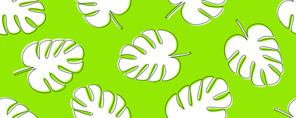 Palm leaves seamless pattern. White fronds on green background. Vector illustration.