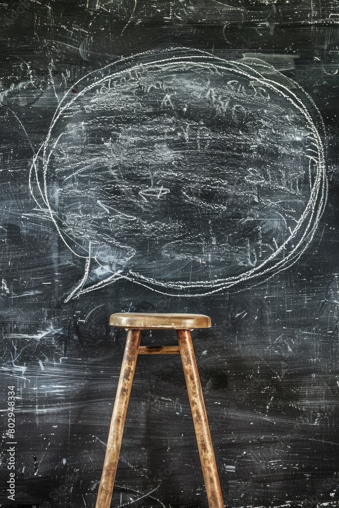 Poster wooden stool placed in front of chalkboard with speech bubble drawing. suitable for educational conc