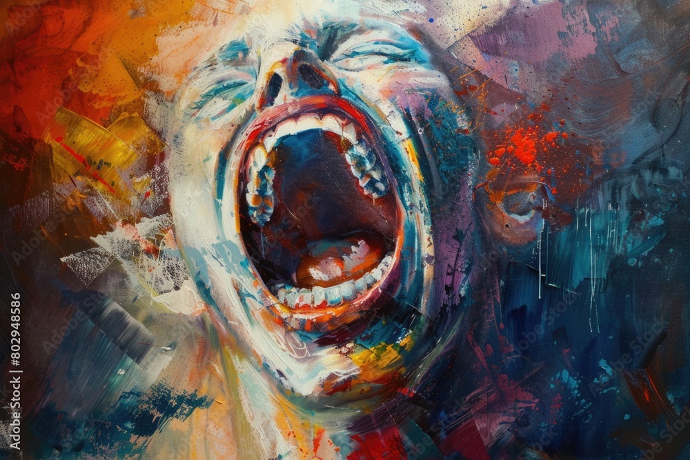 Poster a painting of a man screaming with his mouth open. suitable for various artistic projects