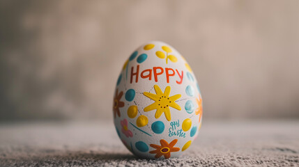 A decorative Easter egg with the phrase "Happy Easter" painted on it, displayed against a plain background.