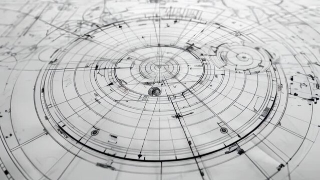drawing on paper in the shape of a circle, blueprint
