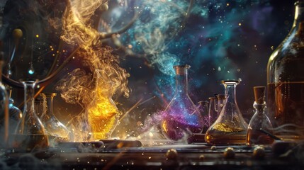 Artistic representation of the alchemical gold transformation process, highlighting vibrant flasks and swirling vapors around the emerging gold, capturing the magical and mysterious essence of alchemy