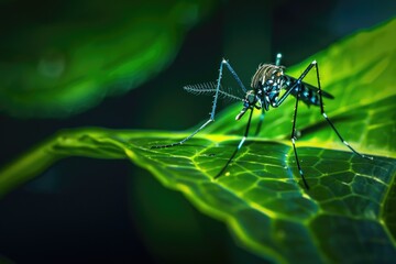 A mosquito perched on a vibrant green leaf, perfect for nature or pest control concepts
