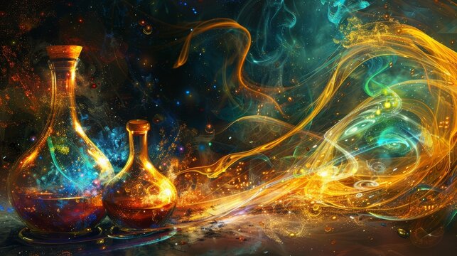 Artistic representation of the alchemical gold transformation process, highlighting vibrant flasks and swirling vapors around the emerging gold, capturing the magical and mysterious essence of alchemy