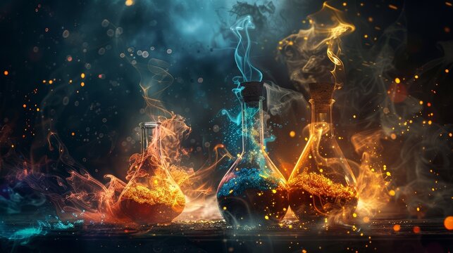 Artistic representation of the alchemical gold transformation process, highlighting vibrant flasks and swirling vapors around the emerging gold, capturing the magical and mysterious essence of alchemy