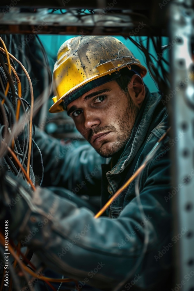 Poster a man in a hard hat working on wires. perfect for construction or electrical projects