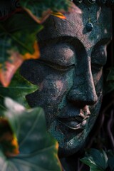 Close up of a statue with leaves, suitable for nature and art themes