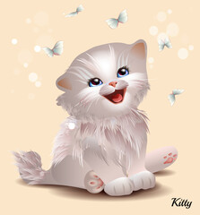 Adorable white kitten and butterflies.