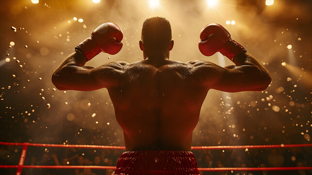 Boxer raising fists in victory in a boxing ring. Strength and determination concept. Design for sports motivational poster, fitness advertising