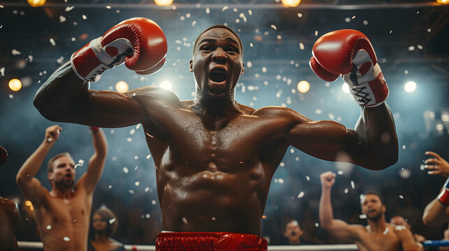 Victorious black boxer raising his arms in celebration in the ring. Triumph and sports achievement concept. Design for sports magazine cover, motivational poster - Powered by Adobe