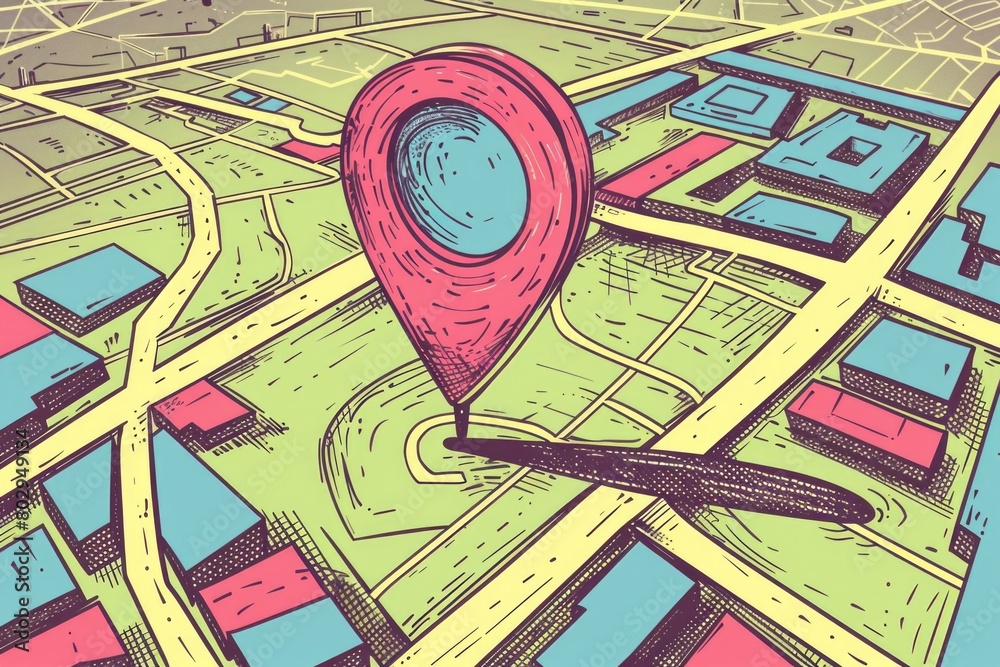 Poster A drawing of a map with a pin, suitable for travel concepts