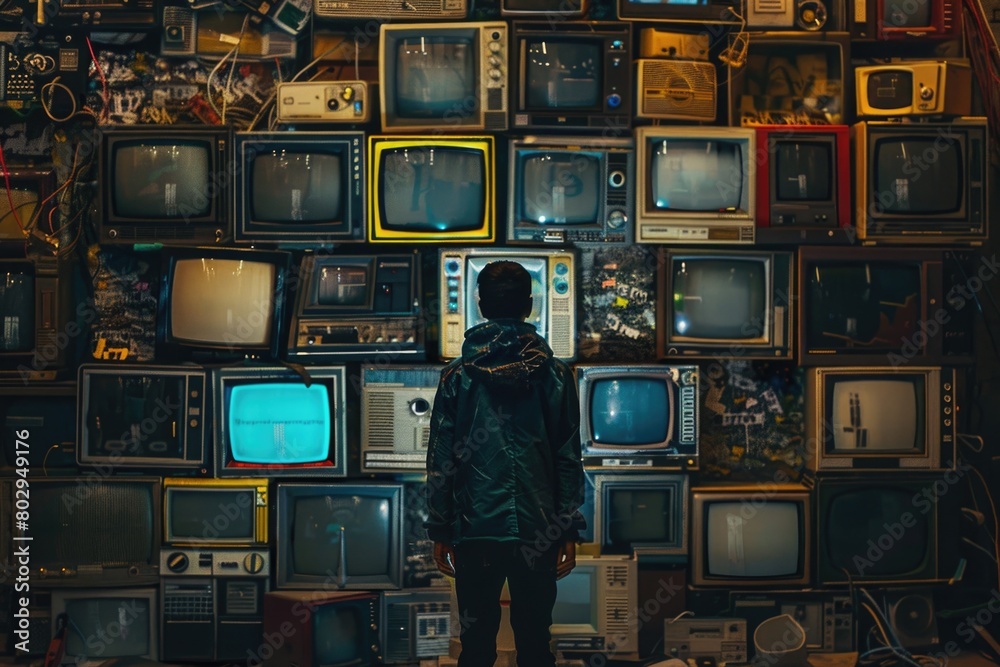 Poster a person standing in front of a wall of televisions. suitable for technology and media concepts