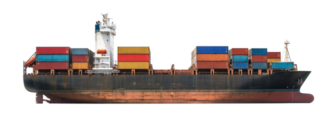Cargo ship with containers isolated on transparent background