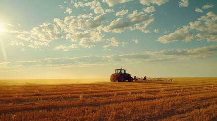 Fototapeta premium Tractor spreads chemicals on crops in a field against a backdrop of the setting sun