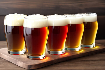 Many glasses of beer with foam on a wooden table
