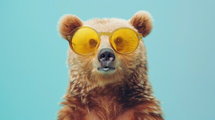 Obraz premium A fancy bear wearing glasses on blue background. Animal wearing sunglasses