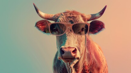  A fancy cow wearing glasses on vivid background. Animal wearing sunglasses