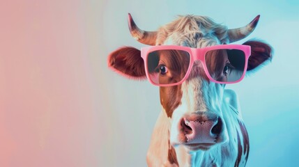 Obraz premium A fancy cow wearing glasses on vivid background. Animal wearing sunglasses