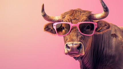 Fototapeta premium A fancy cow wearing glasses on pink background. Animal wearing sunglasses