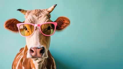 Fototapeta premium A fancy cow wearing glasses on blue background. Animal wearing sunglasses