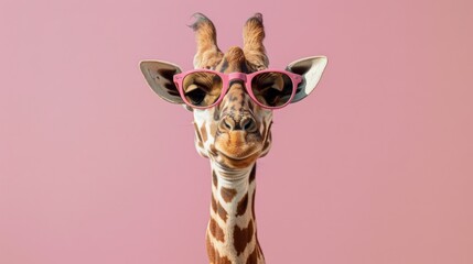 Fototapeta premium A fancy giraffe wearing glasses on pink background. Animal wearing sunglasses
