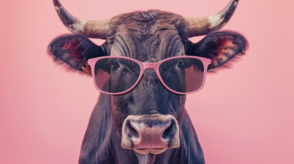 Obraz premium A fancy cow wearing glasses on pink background. Animal wearing sunglasses