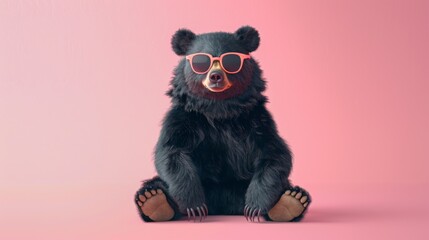  A fancy bear wearing glasses on pink background. Animal wearing sunglasses